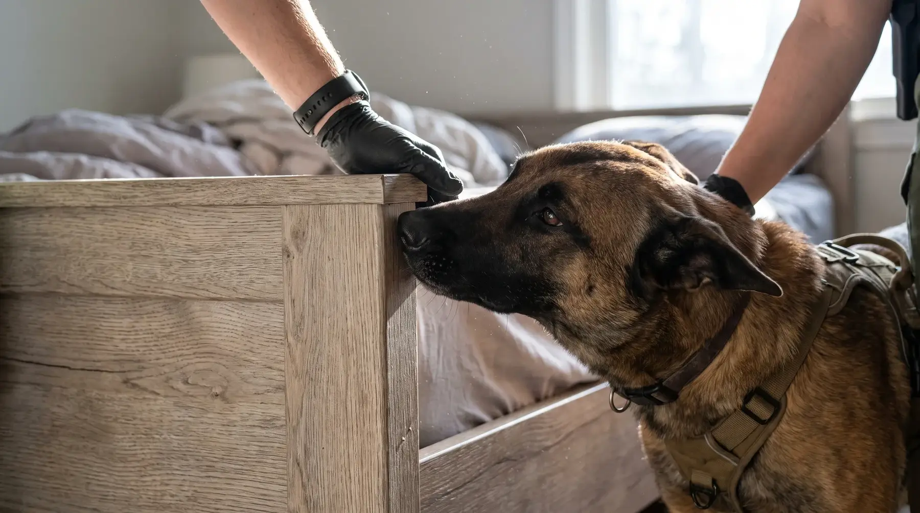 Chien détecteur reniflant le cadre d'un lit, guidé par son conducteur ganté