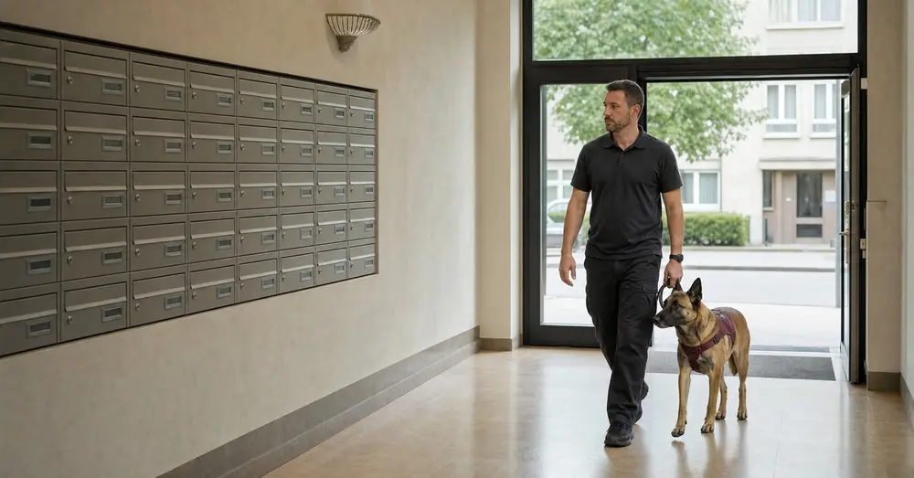 Conducteur et chien détecteur entrant dans le hall d'un immeuble à appartements